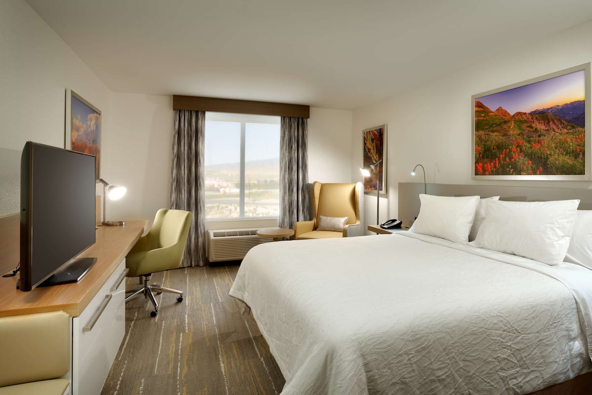 A hotel room with a large bed, a desk with a flat-screen TV, a chair, a desk lamp, and a painting of a mountain landscape.
