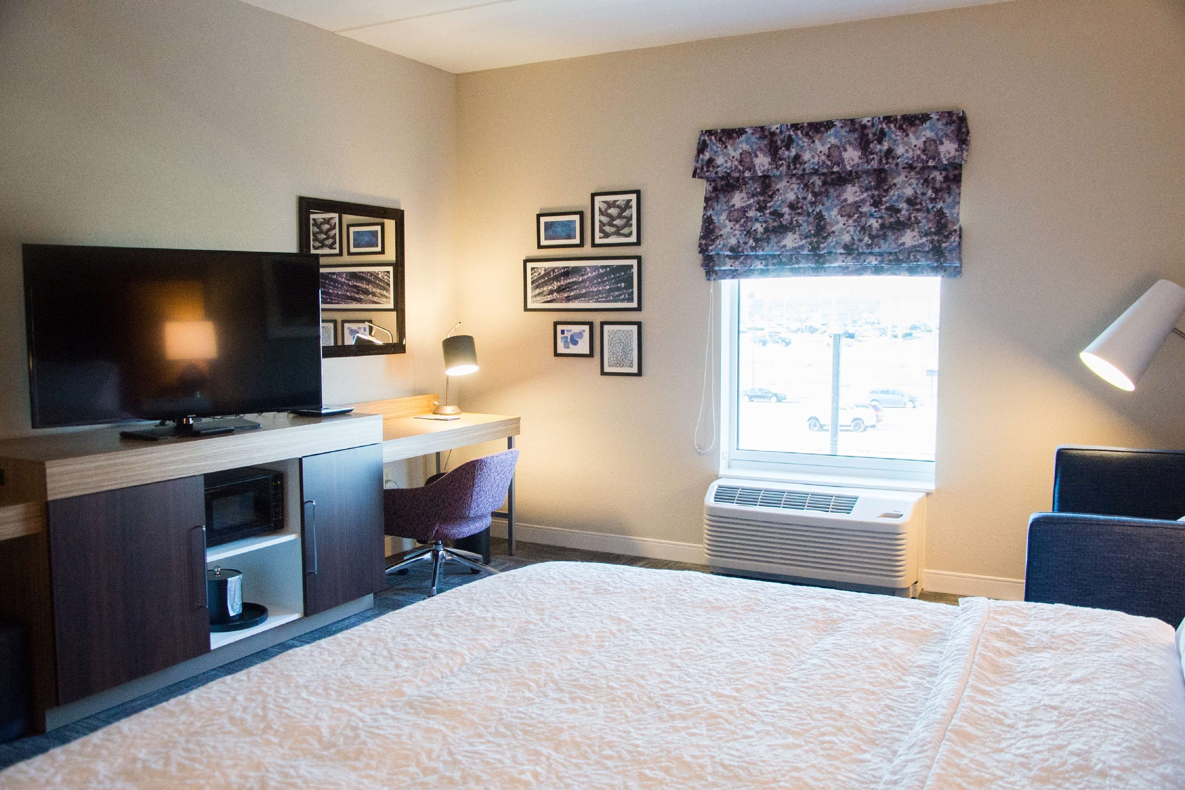 A hotel room with a bed, a desk with a television, a chair, a window with a view, and framed pictures on the wall.