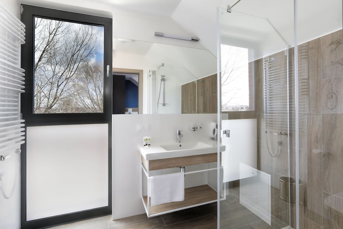 shower, free toiletries, hair dryer, towels