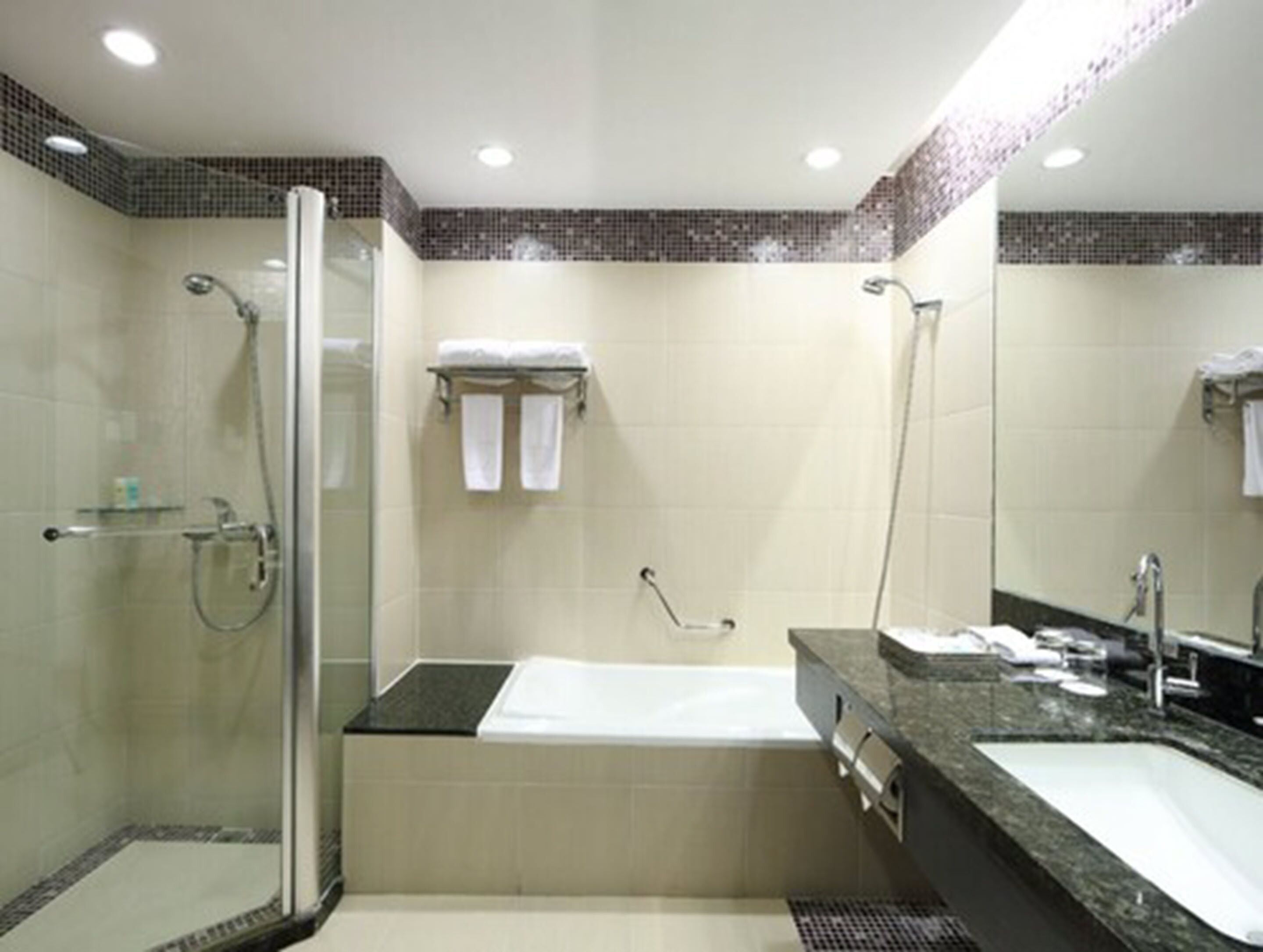 deluxe suite | bathroom | rainfall showerhead, free toiletries, hair dryer, bathrobes