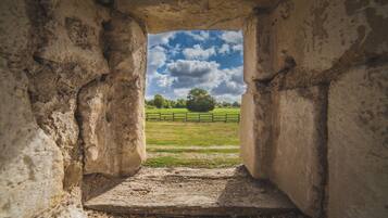 An arched stone structure with a view of a grassy field and a wooden fence.