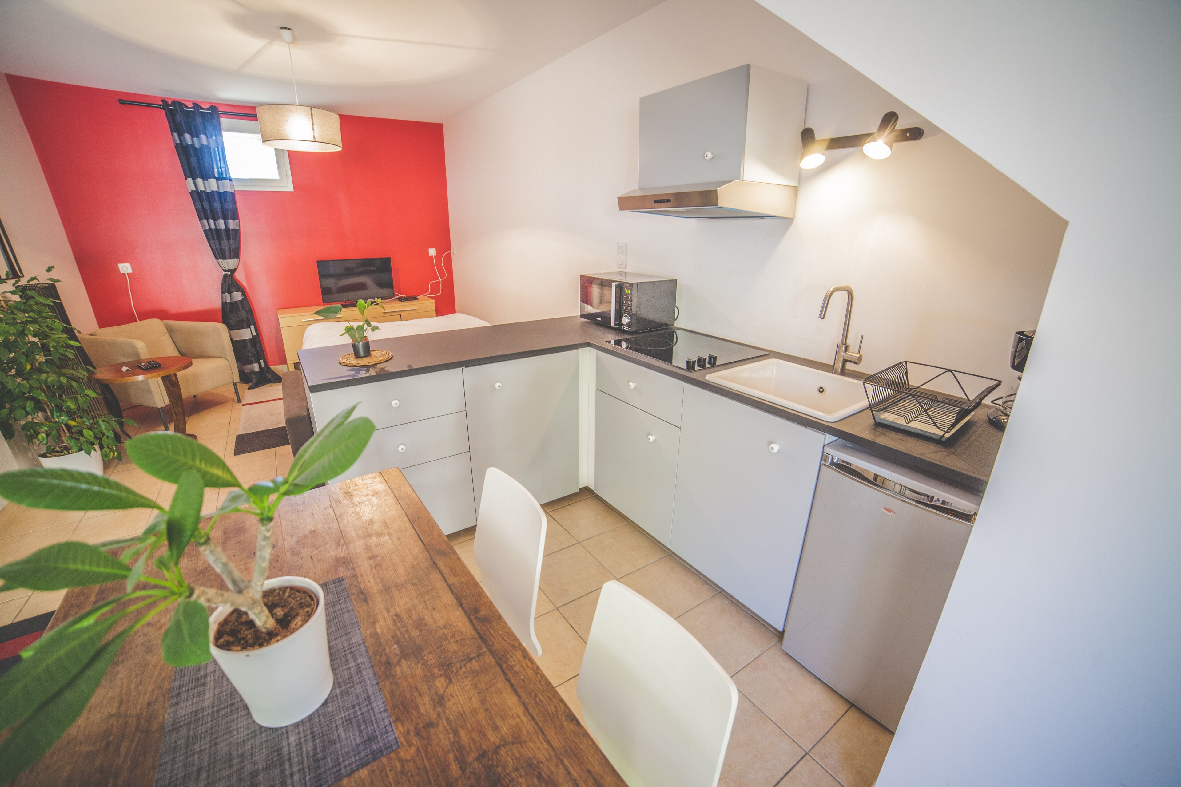 Une cuisine compacte équipée d’un four à micro-ondes, d’un évier et d’un lave-vaisselle. On y trouve une table à manger avec des chaises et une plante en pot. La pièce est agrémentée d’un mur d’accent rouge et d’un luminaire au plafond.