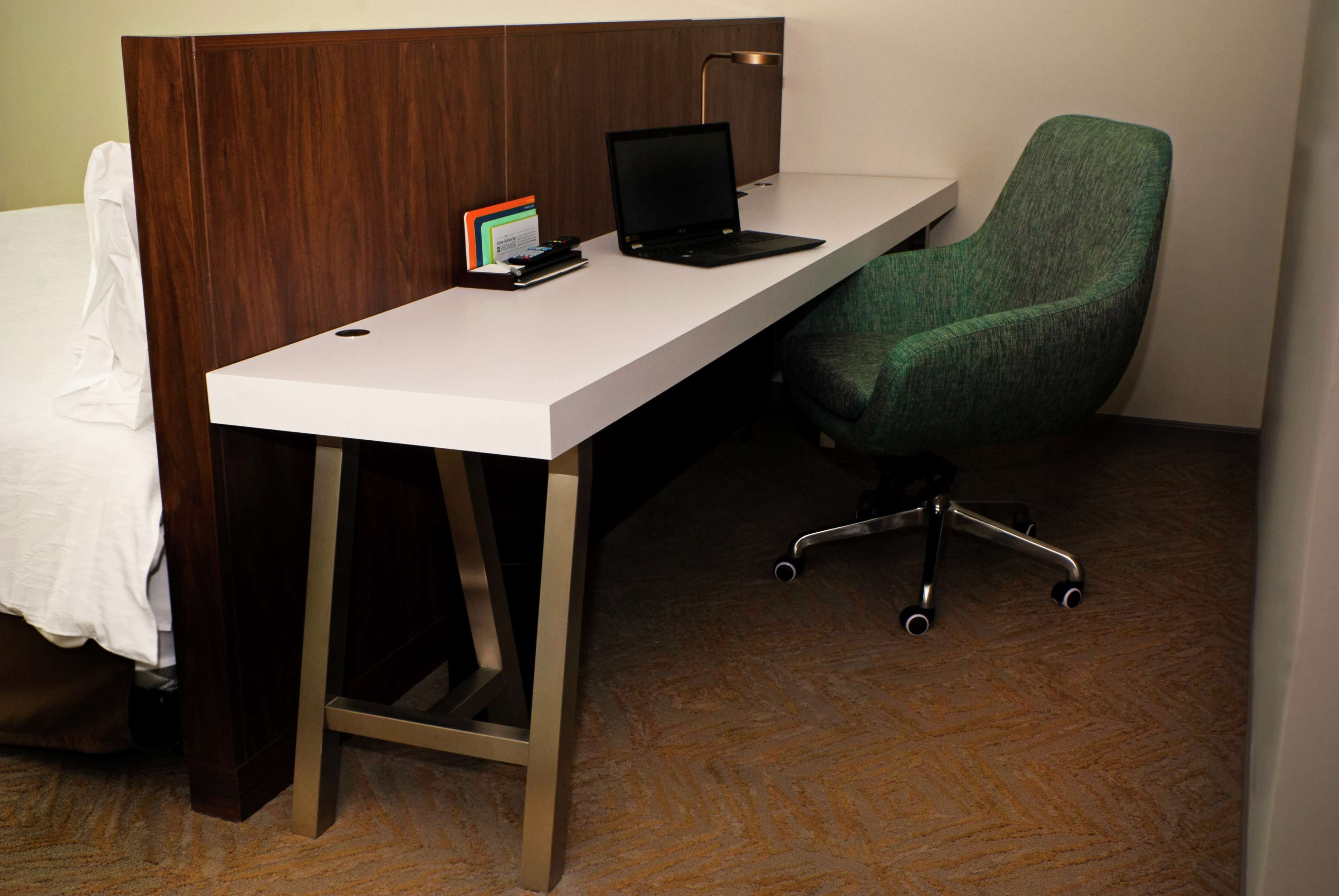 desk, laptop workspace, blackout curtains, soundproofing