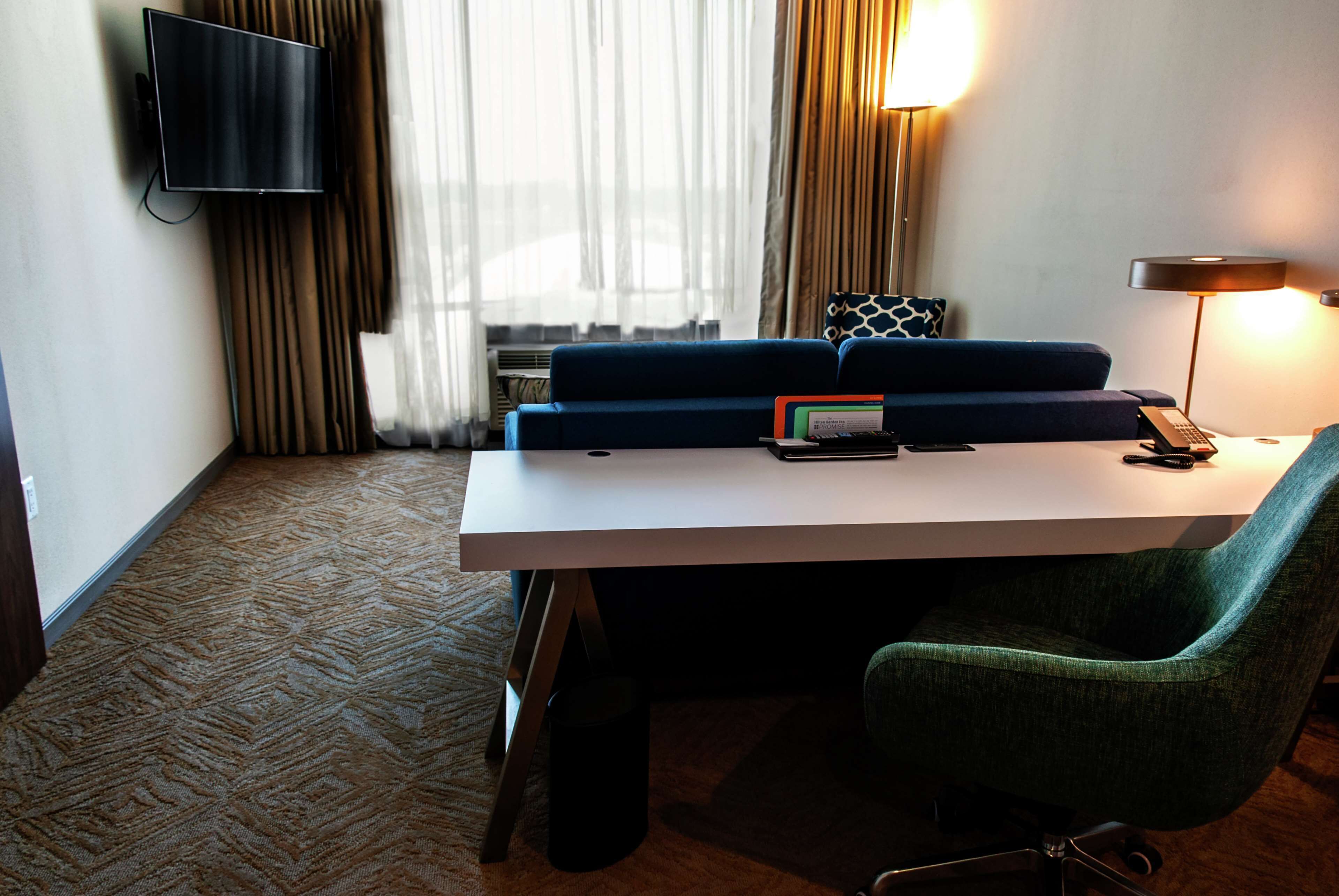 desk, laptop workspace, blackout curtains, soundproofing