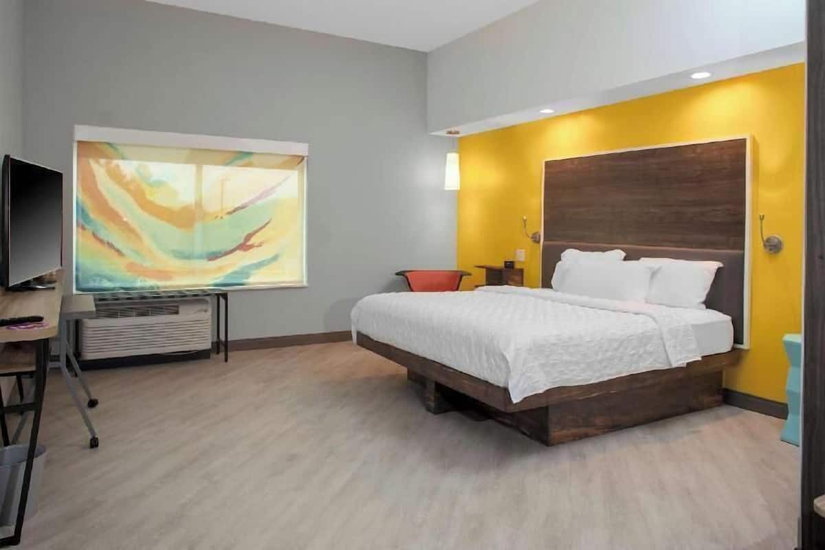 A bedroom with a bed, a TV, a window, and a painting.