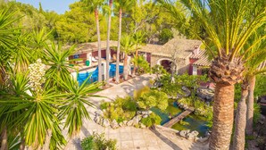 A resort with a swimming pool, palm trees, and a small pond. - Villa Portol (Marratxi)