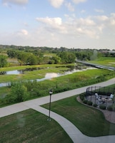 A park with a walking path, a small pond, and a bridge.