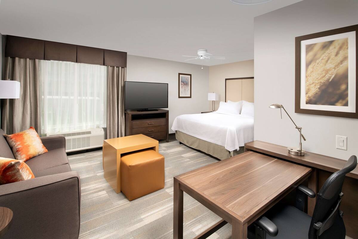 A hotel room with a bed, a desk, a television, a sofa, and a window with curtains.