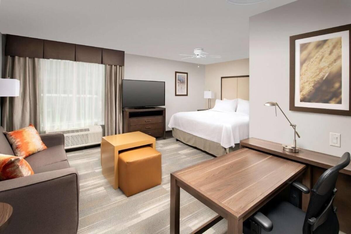 A hotel room with a bed, a desk, a television, a sofa, and a window with curtains.