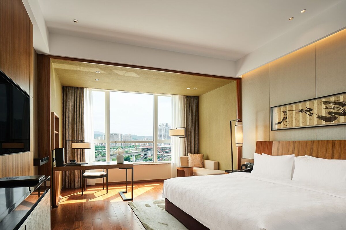 A hotel room with a large bed, a desk, a chair, a TV, and a view of the city.