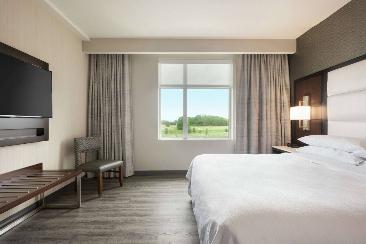 Une chambre d’hôtel avec un grand lit, un téléviseur fixé au mur, une chaise, une fenêtre avec des rideaux et une table de chevet avec une lampe.