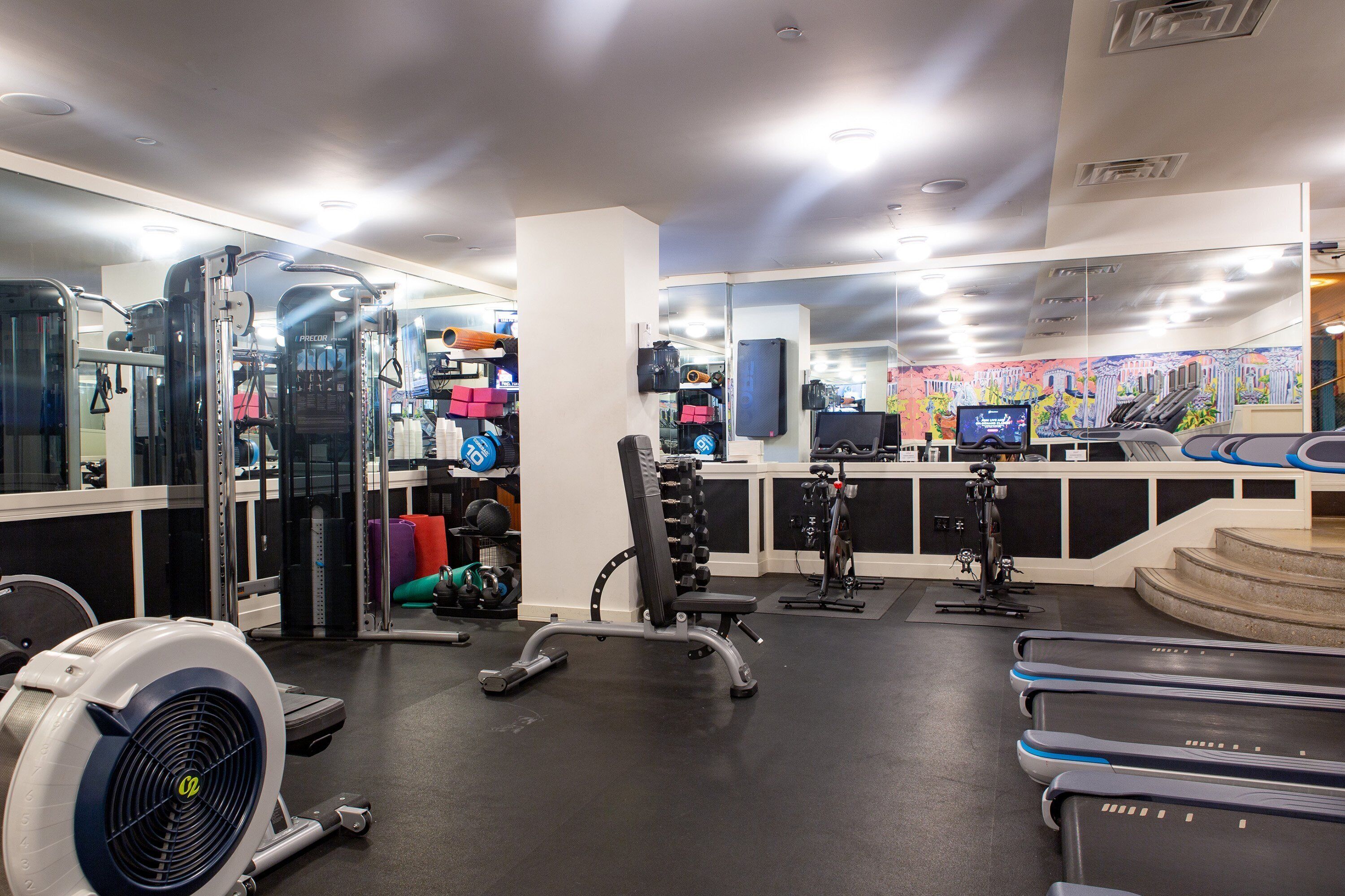 Un gimnasio con cintas de correr, máquinas de pesas y un ventilador.