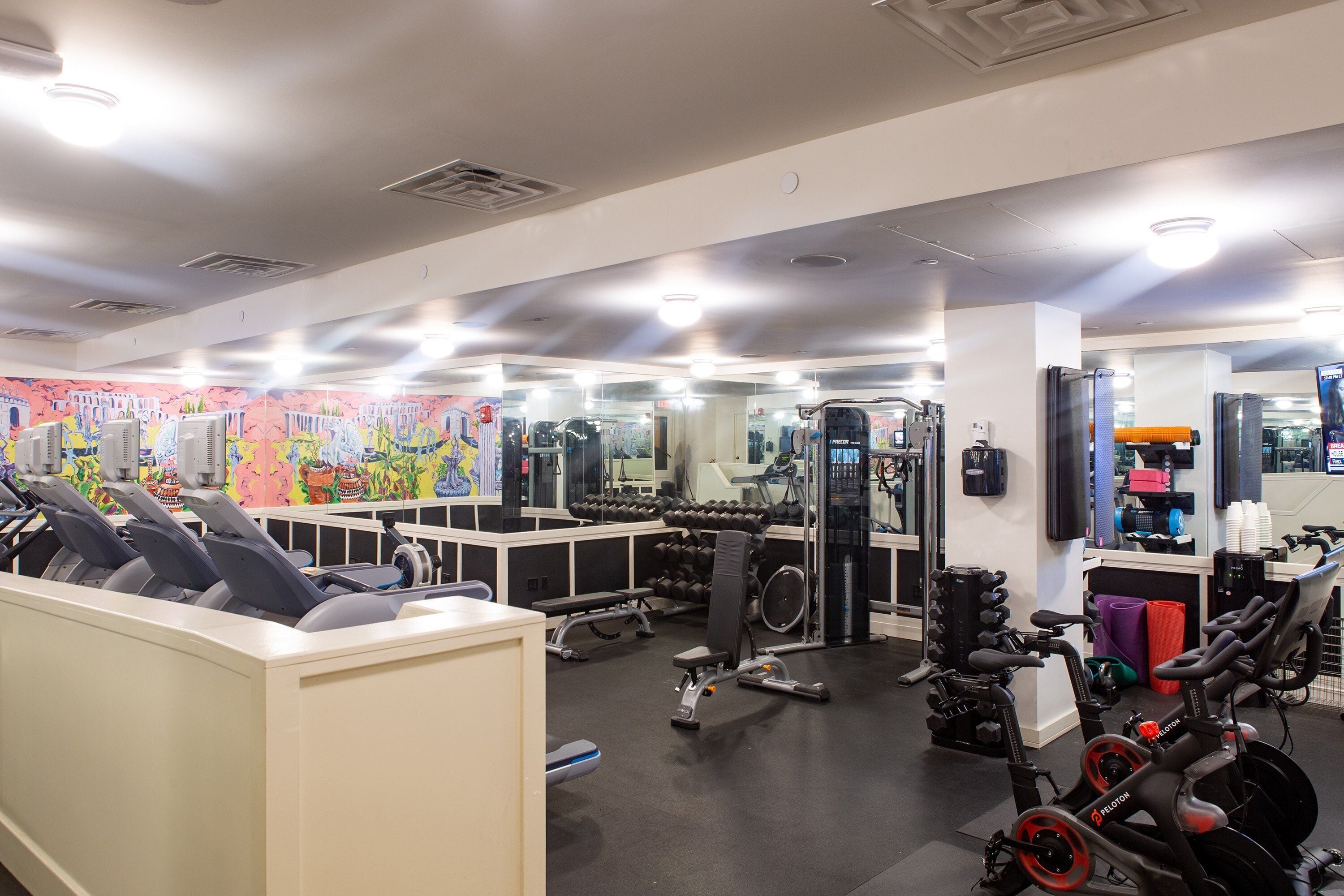 A gym with treadmills, weight machines, and a mirror wall.