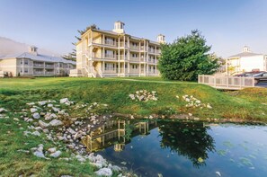 Un edificio de varios pisos con un balcón, un estanque con rocas y un árbol.