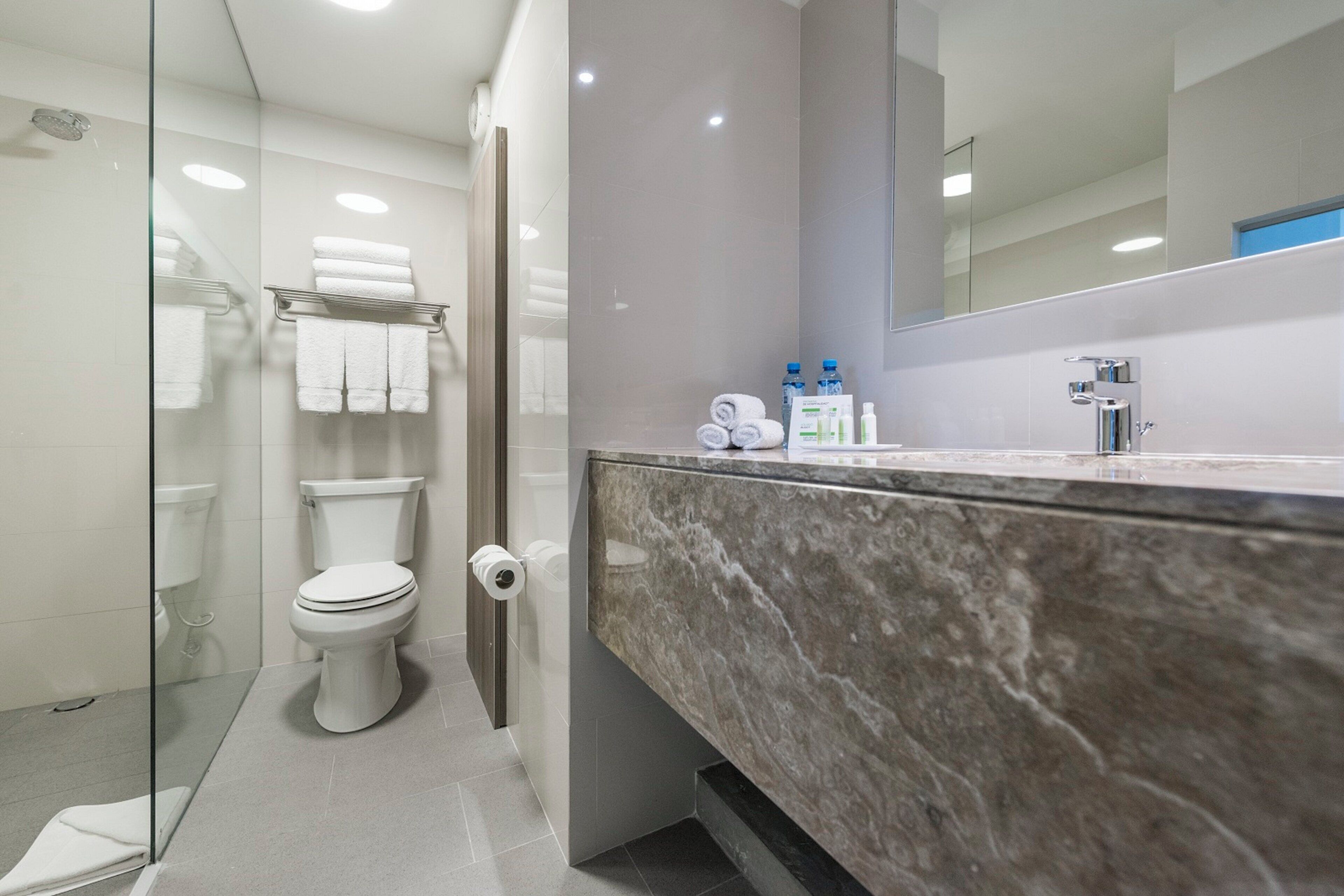 Een moderne badkamer met een douchecabine van glas, een toilet, een marmeren wastafel en een spiegel.
