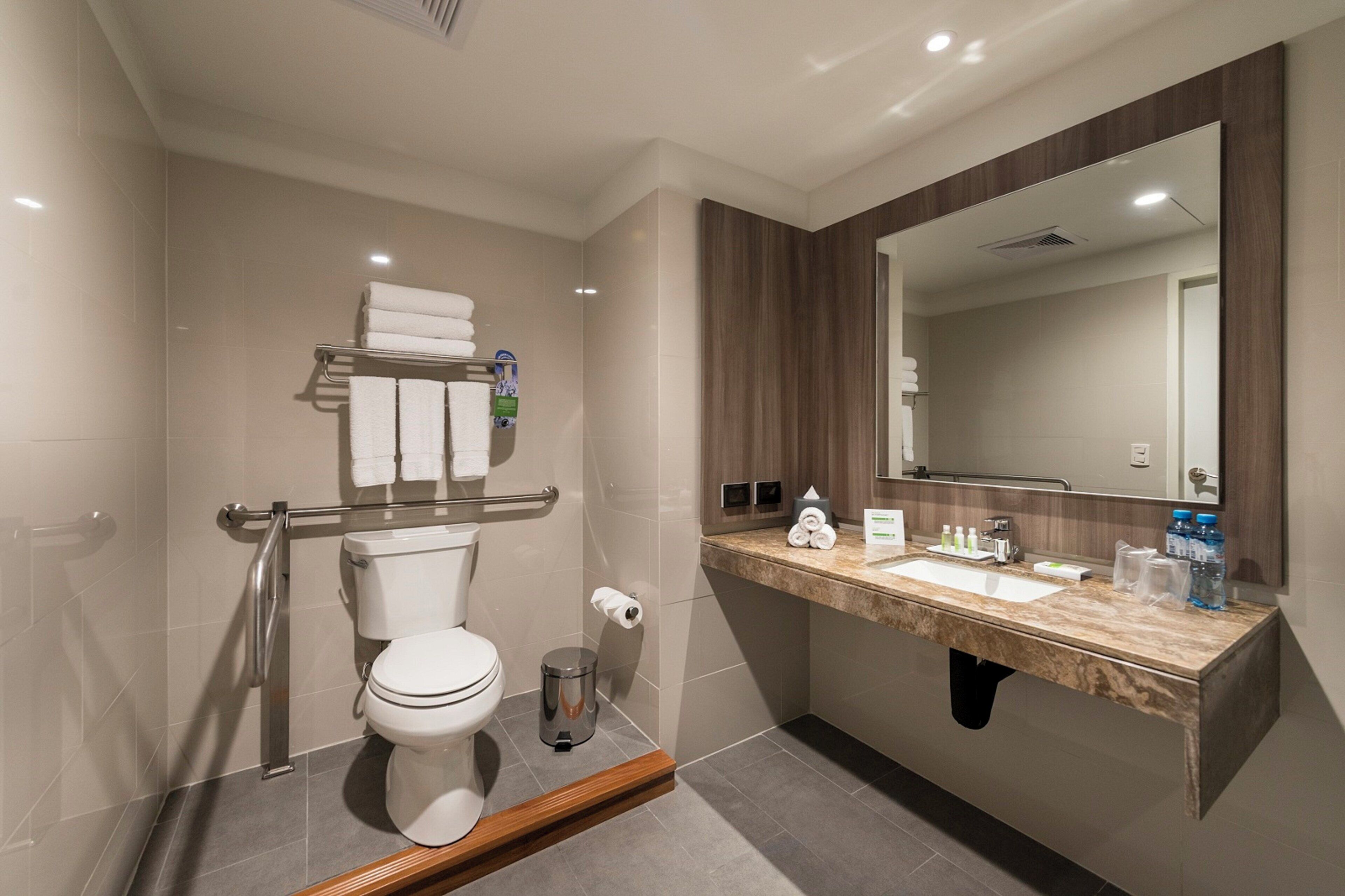 A modern bathroom with a toilet, handrails, a sink, and a mirror.