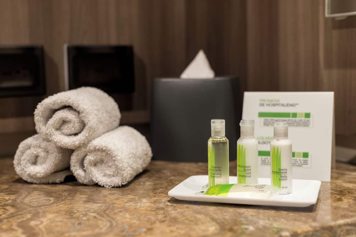 free toiletries, hair dryer, slippers, towels