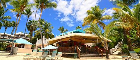 A beachside hotel with a pool area, palm trees, and a covered outdoor seating area.