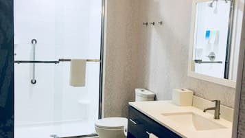 A modern bathroom with a glass shower enclosure, a white toilet, and a vanity with a mirror.