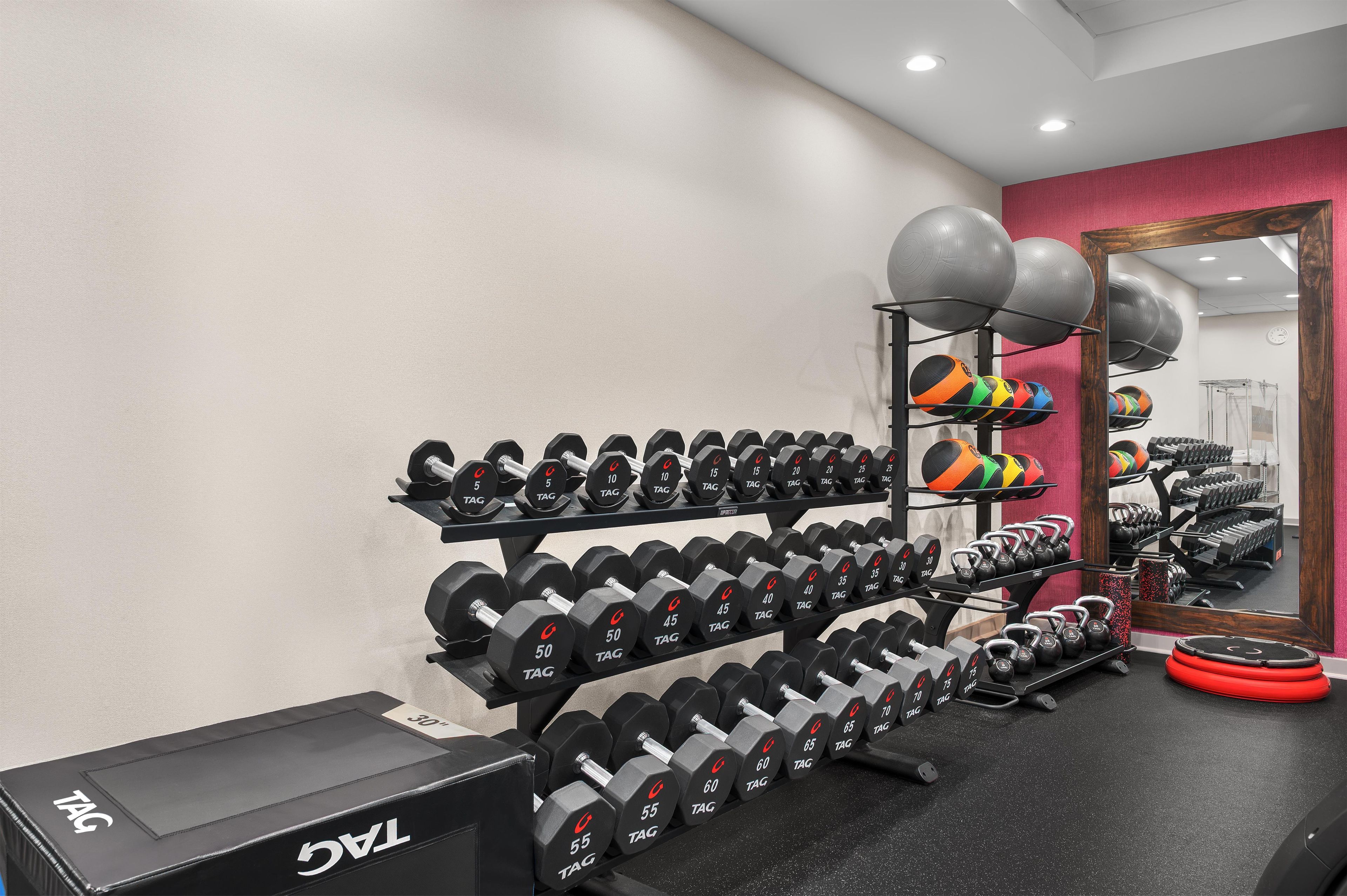 A gym with various weights and exercise balls.