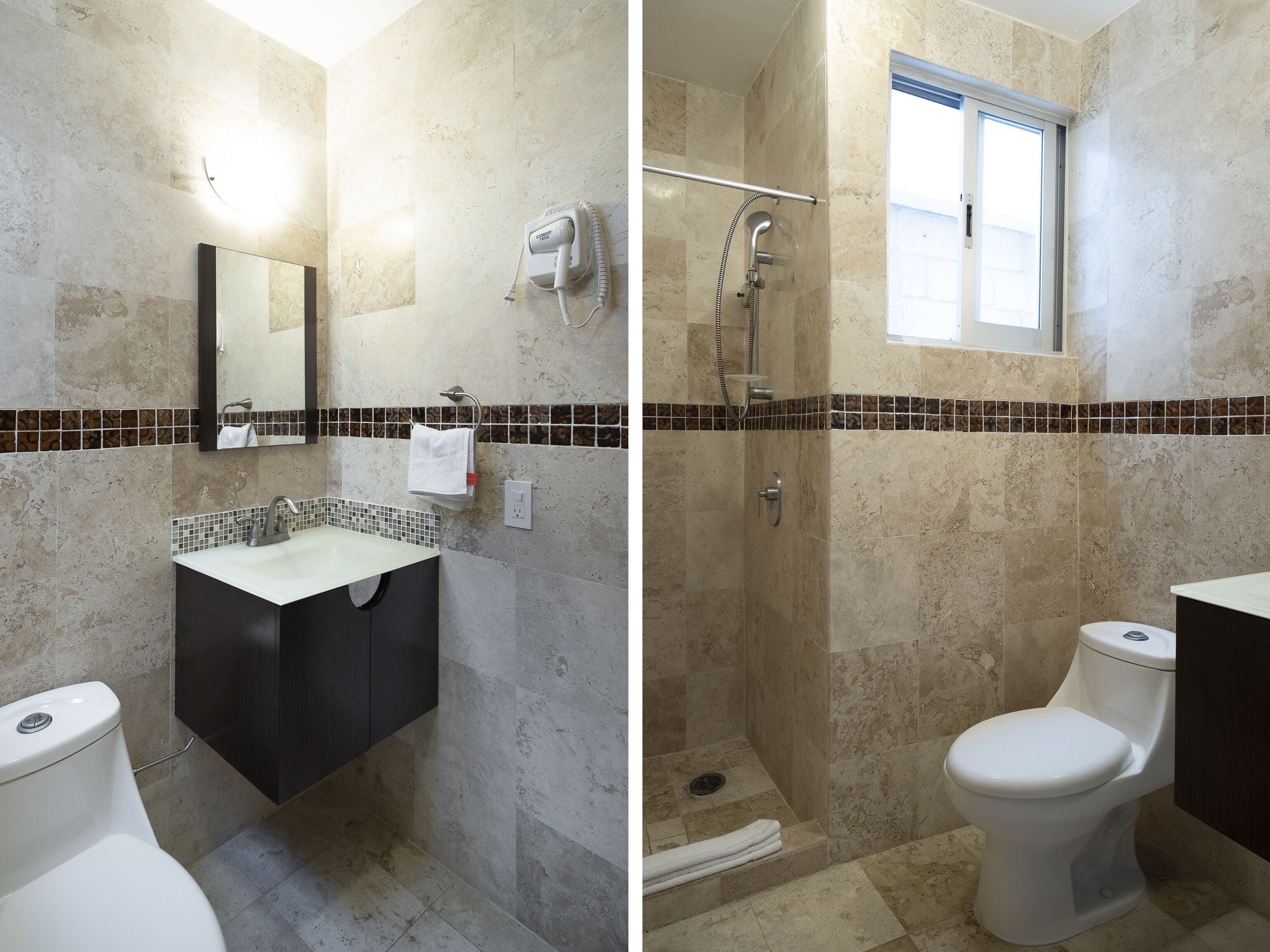 standard room | bathroom | shower, hair dryer, towels, soap