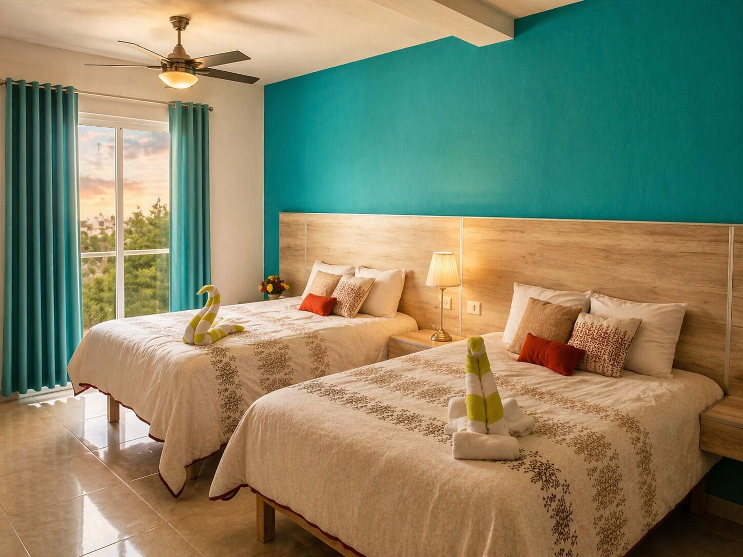 Habitación de hotel con dos camas, vista al exterior, ventilador de techo y pared de acento color aguamarina.