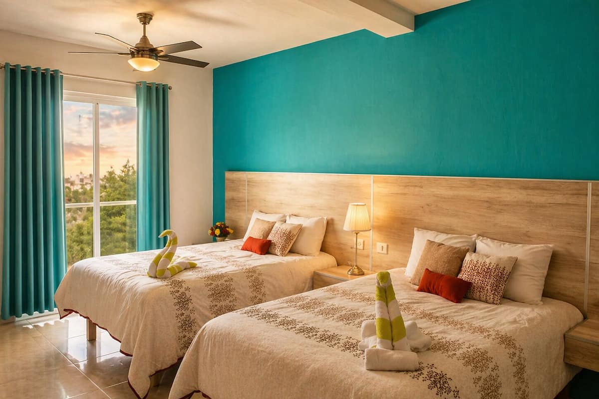 A hotel room with two beds, a view of the outdoors, a ceiling fan, and a teal accent wall.