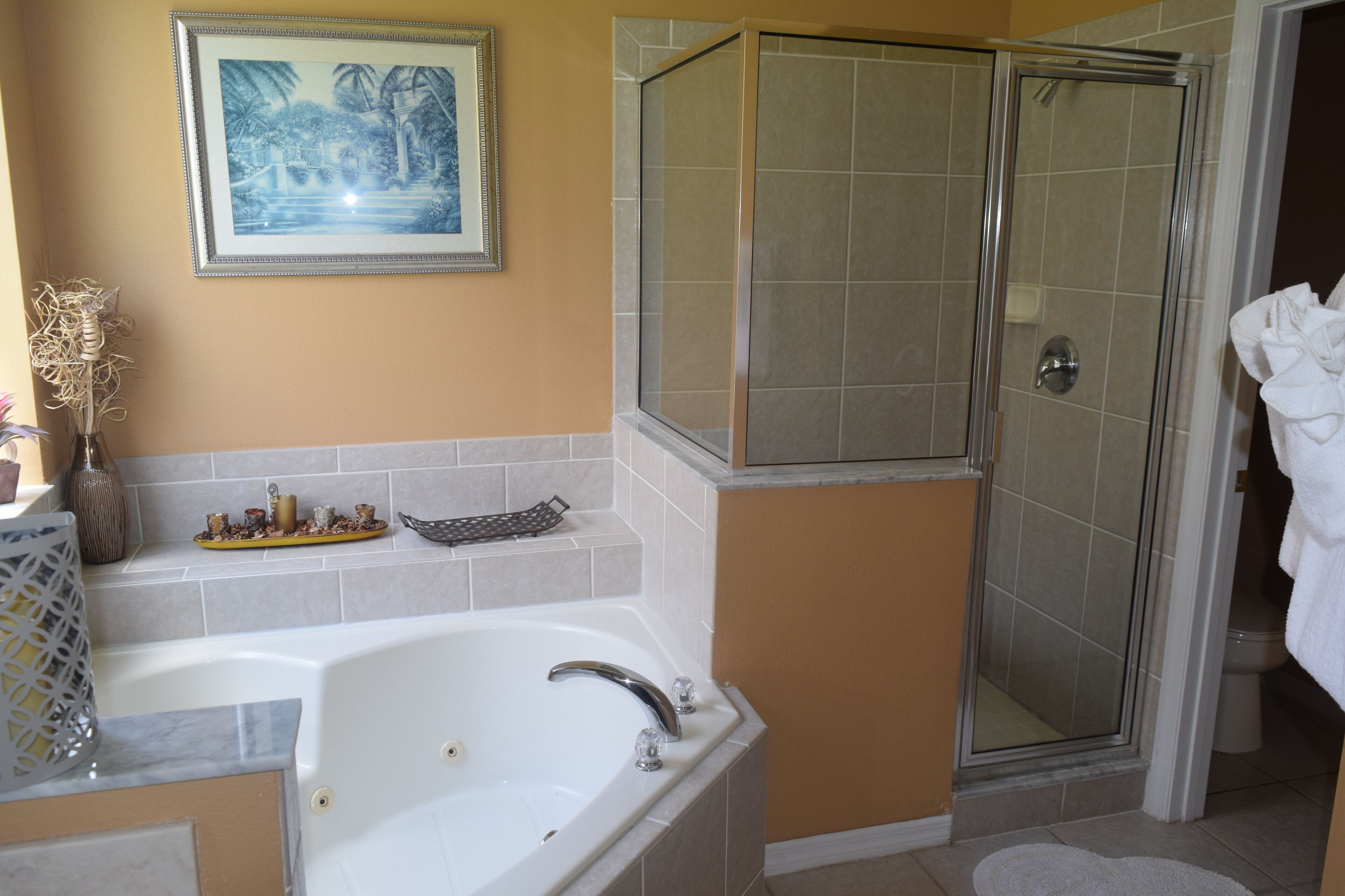Une salle de bain avec une baignoire, une douche et un tableau encadré au mur.