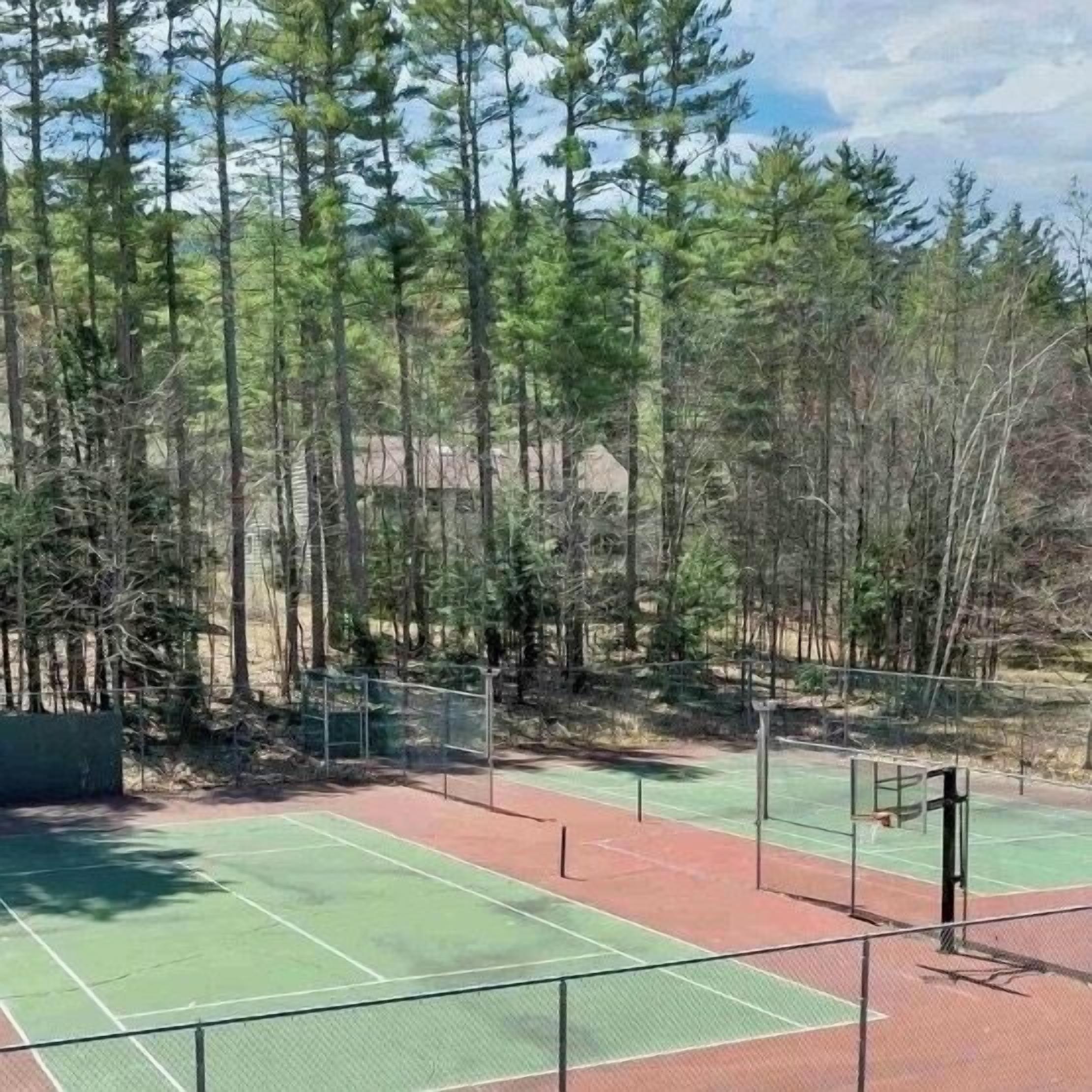 Una cancha de tenis rodeada de árboles.