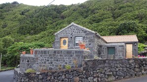 A stone house with a tiled roof, a wooden door, and a window with a blue frame.