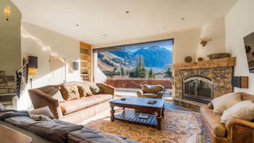 Smart TV, fireplace, DVD player, music library