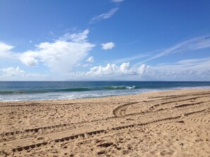 A sandy beach with tire tracks leading to the ocean.
