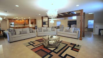 Smart TV, fireplace, video games, DVD player