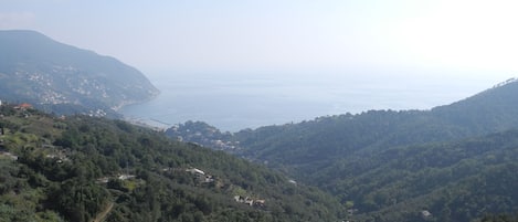 A coastal landscape with a view of the sea and hills.