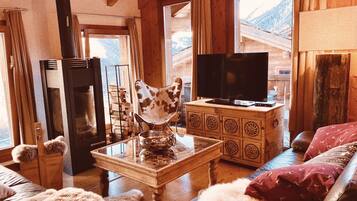 TV connectée, cheminée, lecteur de DVD, livres