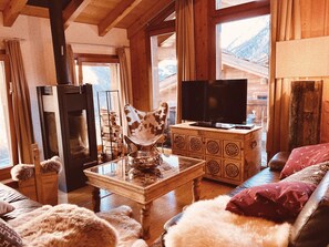 Smart TV, chimenea, reproductor de DVD y libros