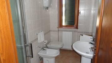 Hair dryer, towels, shampoo, toilet paper