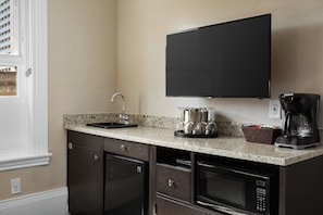 Fridge, microwave, coffee/tea maker, paper towels