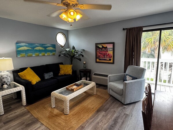 Flat-screen TV, DVD player, books, video library