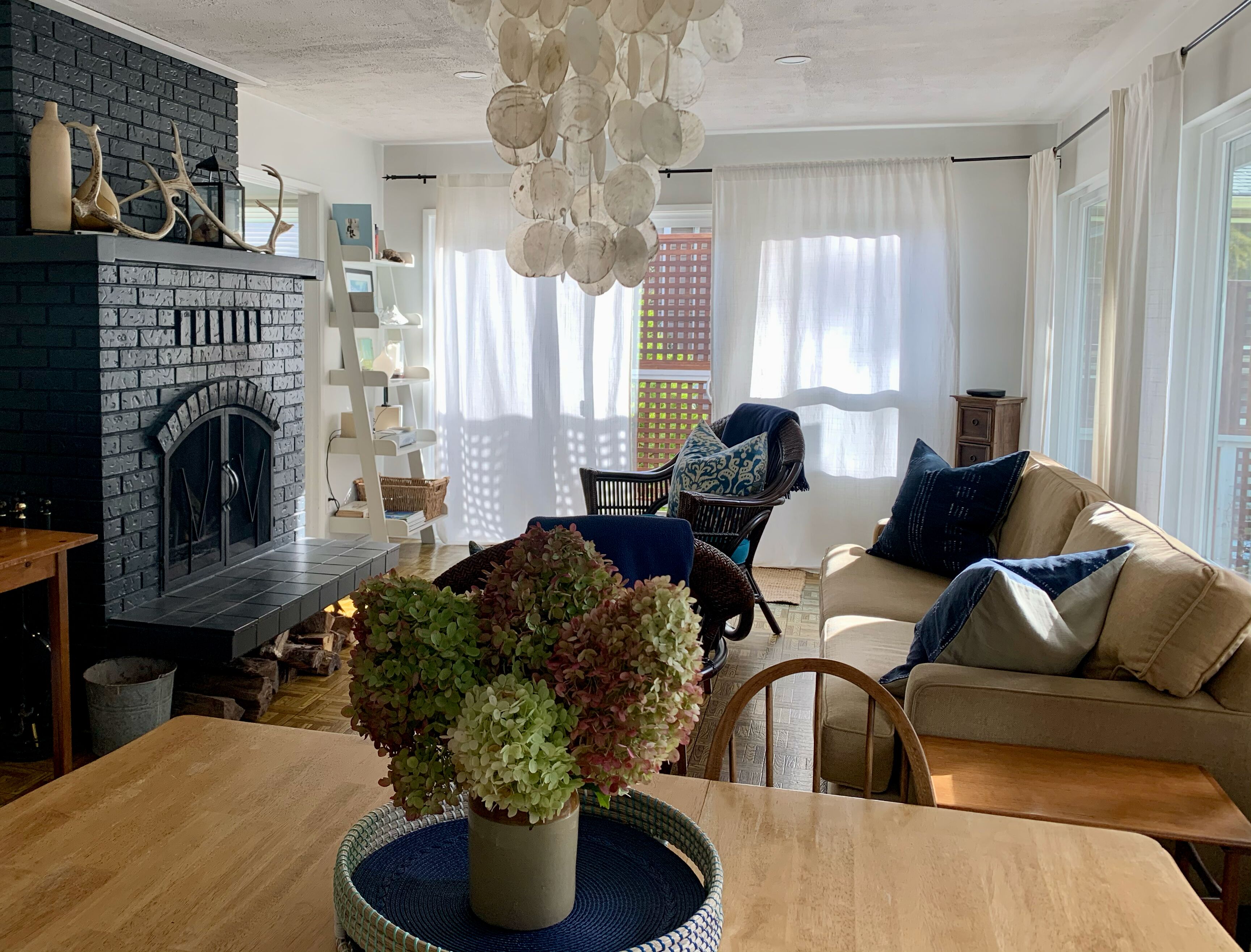 Televisión, chimenea, reproductor de DVD, libros