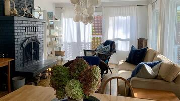 Televisión, chimenea, reproductor de DVD, libros