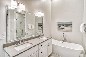 Combined shower/tub, hair dryer, towels - Experience Watercolor! Luxury 5BR Retreat Just Steps to Camp WaterColor with Golf Cart & Bikes (Santa Rosa Beach)