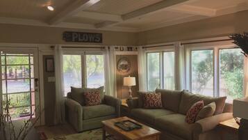 Smart-tv, een open haard, een dvd-speler en boeken