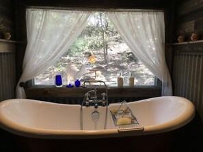 Combined shower/bathtub, hair dryer, towels, soap
