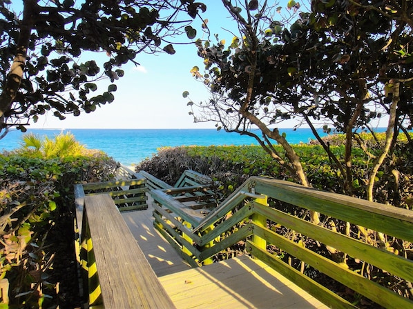Un escalier en bois mène à une plage d’où l’on a une vue dégagée sur l’océan.