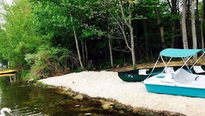A serene lakeside scene with a swan swimming, surrounded by lush greenery and two boats on a sandy shore.