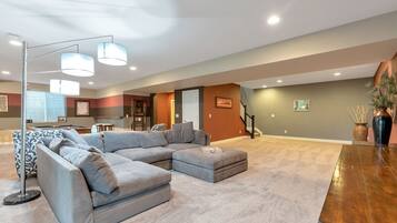 Smart TV, fireplace, video games, DVD player