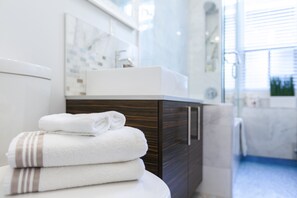 Combined shower/bathtub, hair dryer, towels - Elegant style 1 BR suite Walk to Lake City Downtown (Toronto)