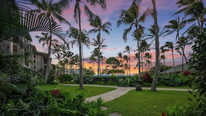 Un complexe hôtelier tropical avec des palmiers, un sentier et une vue sur l’océan au coucher du soleil.