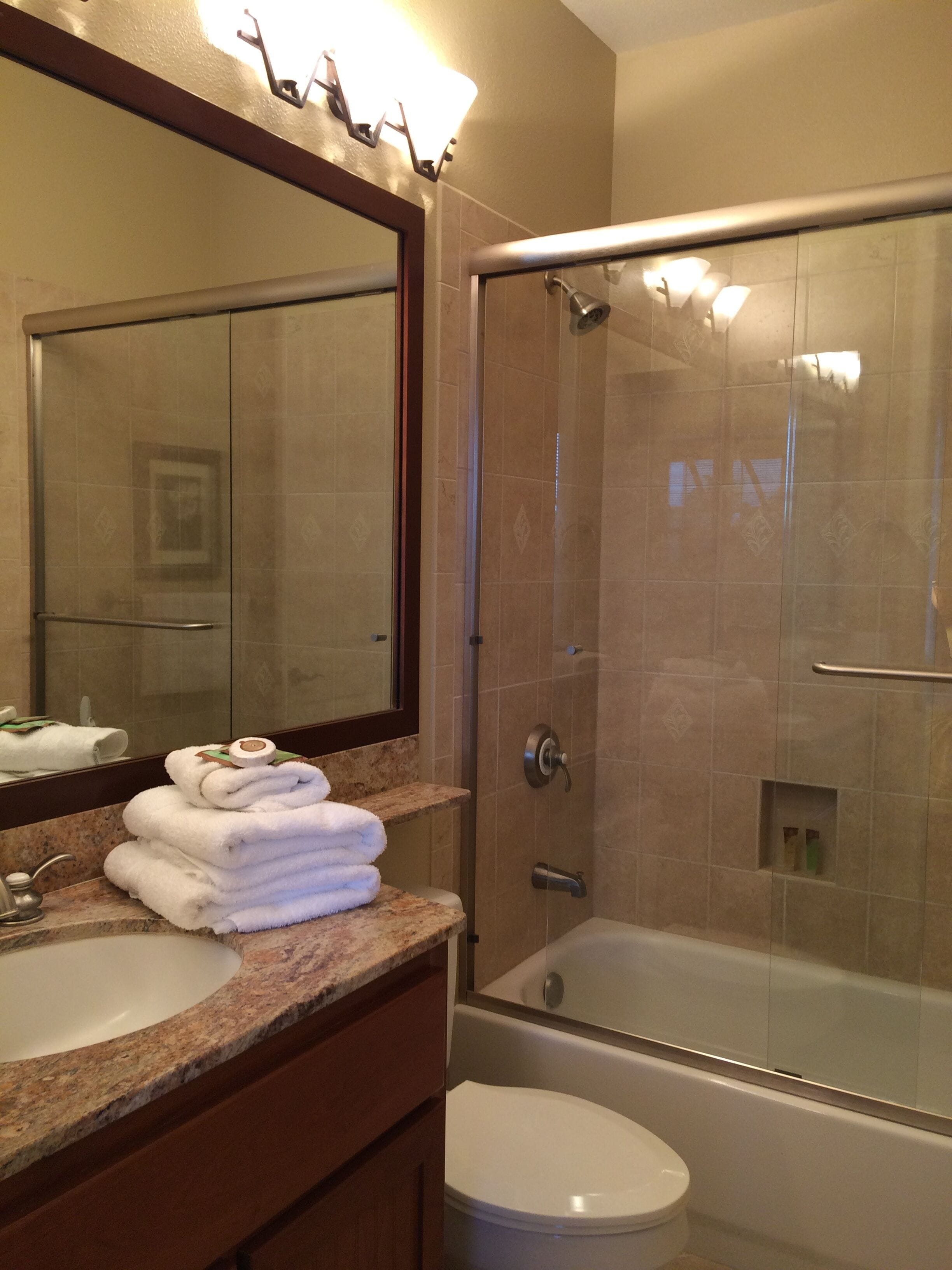 Combined shower/tub, hair dryer, towels, soap